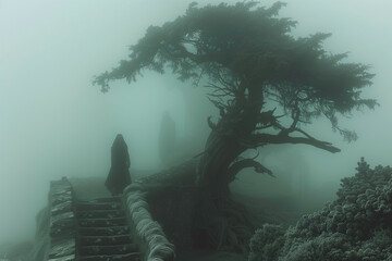 an old tree that has been standing by a path in the fog - obrazy, fototapety, plakaty