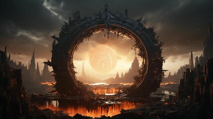 AI generated illustration of a futuristic round portal in a desolated landscape - obrazy, fototapety, plakaty