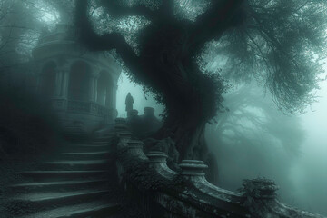 Obraz premium an old stone staircase going up to a tree on a foggy day