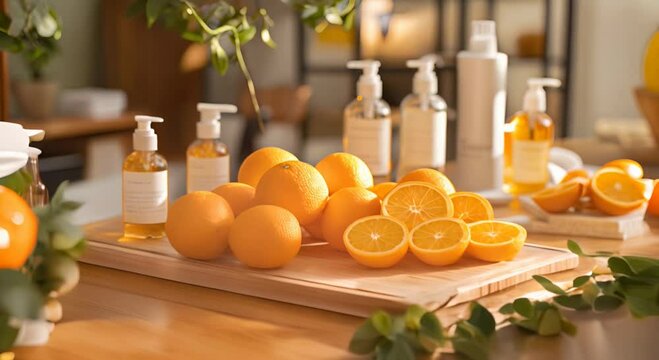 Luxurious display of oranges and skincare in a serene environment