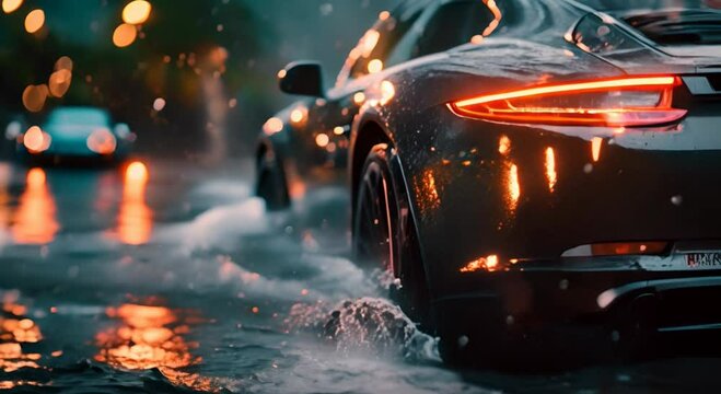 Imagine a luxurious car with water splashing dynamically across its body as it gets washed. The water droplets are sparkling as they scatter around, creating a mesmerizing sight