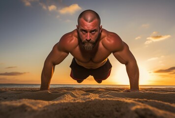 AI generated illustration of A young adult male performing a push-up exercise on a sandy beach - obrazy, fototapety, plakaty