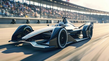 A sleek electric race car speeding around a track, with spectators watching from the grandstands and the roar of the engine replaced by the hum of electric motors.