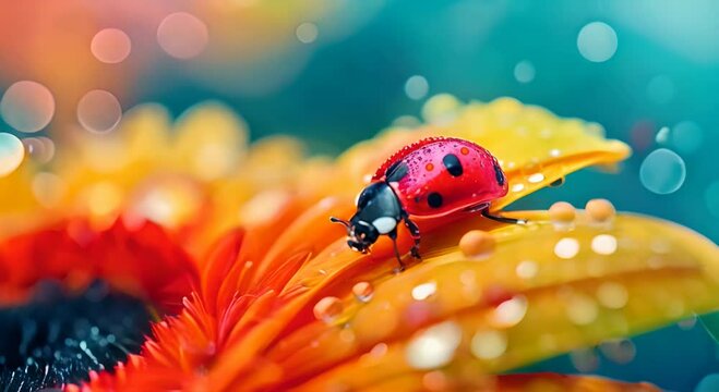 ladybug on a spring flower in drops of dew