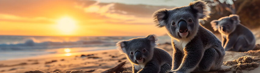 Koala bears in the sea coastal region with setting sun shining. Group of wild animals in nature....
