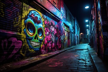 Alley at night withh graffiti on the brick walls. Ai Generative - obrazy, fototapety, plakaty