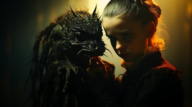 AI generated illustration of a young woman stands close to a scary mythical creature