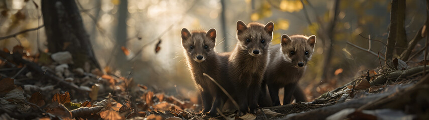 Marten family in the forest with setting sun shining. Group of wild animals in nature. Horizontal,...