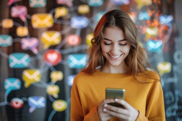 Happy young woman browsing on her smartphone surrounded by floating social media icons