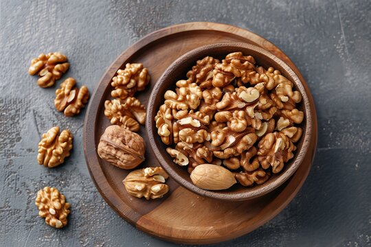 a bowl of walnuts and a walnut on a wooden plate