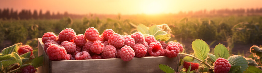 Raspberries harvested in a wooden box in a farm with sunset. Natural organic fruit abundance. Agriculture, healthy and natural food concept. Horizontal composition, banner.