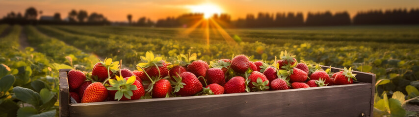 Strawberries harvested in a wooden box in a field with sunset. Natural organic fruit abundance. Agriculture, healthy and natural food concept. Horizontal composition, banner.