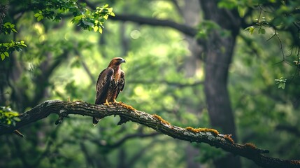 Majestic bird of prey perched on a tree branch in a lush forest. Wildlife in natural habitat. Ideal for nature-themed designs. Peaceful yet powerful image. AI - obrazy, fototapety, plakaty