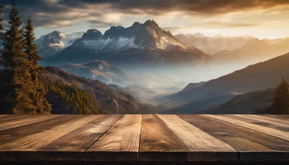 Gardinen wooden table top with the mountain landscape © Sawyer