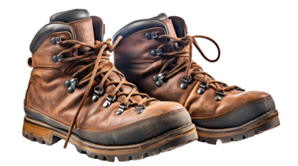 An old and used pair of working boots isolated on white background