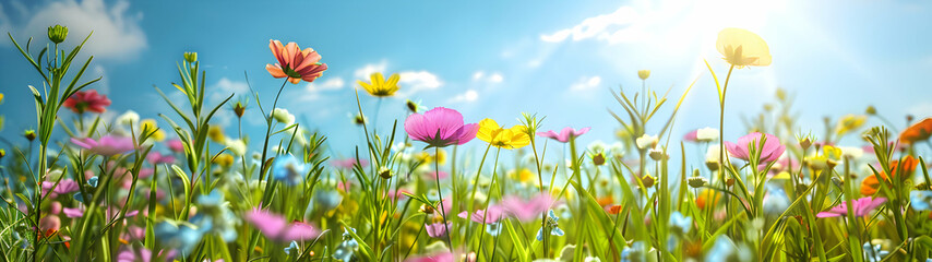 Closeup of summer meadow with colorful flowers, blue sky and sunshine in the background. - obrazy, fototapety, plakaty