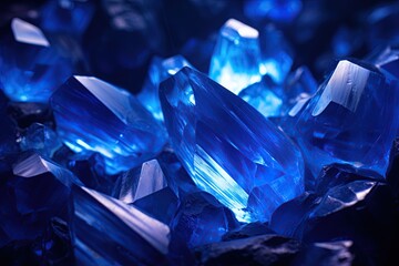Blue crystals in a cave. Closeup shot. Ai generative