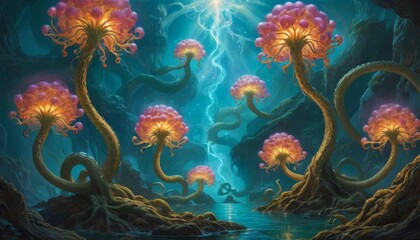 Fototapeta na wymiar Fantastical glowing trees with jellyfish-like canopies thrive in an underwater realm, invoking a sense of wonder.. AI Generation