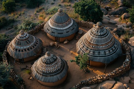 AI-generated illustration of round African huts, rondavels