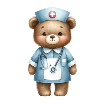 recommend clip art: cute animal wear nurse costume with a syringe. watercolor illustration, Perfect for nursery art, medicine animal doctor clipart.
                    