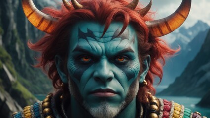 AI generated illustration of a blue-skinned demon face