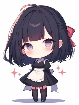 女の子, イラスト, ちびキャラ, かわいい, コスプレ, 萌え, 全身, 女性, アニメ, 漫画, デフォルメ, 人物, ファンタジー, ゲーム, ミニキャラ, 可愛い, 愛らしい, マンガ, キュート, コミック, AI, メイド, ウェイトレス, 飲食店, 召使い

