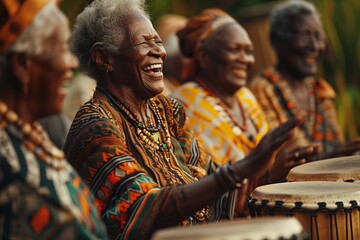 AI generated illustration of a group of black elderly women drumming