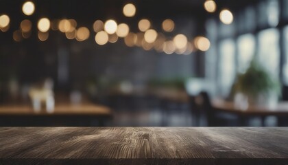 empty wood tabletop and blurred bokeh people working in office interior space banner background can used for display or montage your products