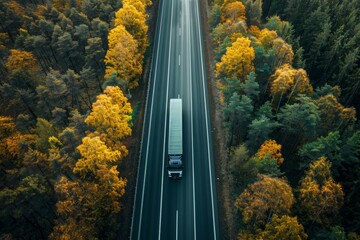 Aerial view of a lone truck driving through an autumn forest on a highway