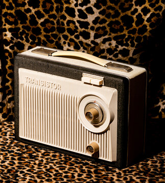 Vintage transistor radio on leopard print background