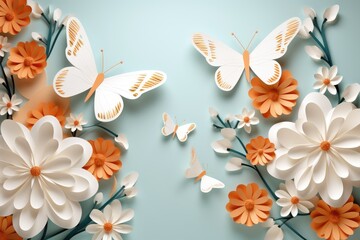 spring flowers and butterfly paper art illustration