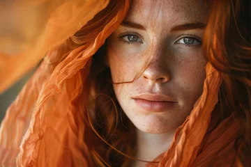 Poster AI generated illustration of a redhead woman with an orange headscarf looking at the camera © Wirestock
