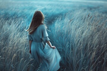 Elegant woman in a serene blue field enjoying the windy solitude