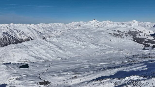 Aerial view of Pla de Beret. Drone footage of Baqueira. Catalan Pyrenees.