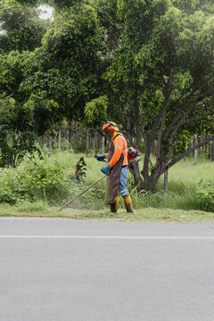 Worker using a string trimmer to clear grass roadside