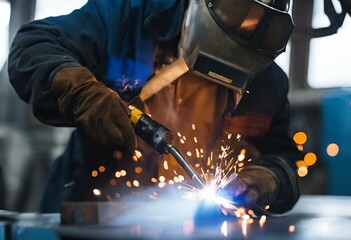 a man welders some kind of piece of metal in a factory