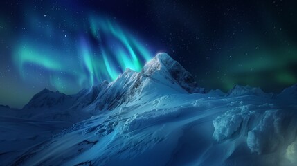 AI generated illustration of Aurora light above snow-covered mountains