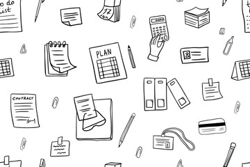 Seamless pattern of business elements with documents, infographics, pen, pencil, planning notebook, note paper, diary, paper, documents, contracts, calendar. Great for professional design. Hand drawn
