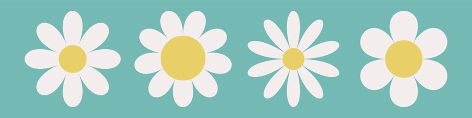Chamomile icon set line. White daisy camomile . Cute round flower head plant collection. Growing concept. Love card. Simple abstract sign symbol shape. Flat design. Isolated. Green background. Vector