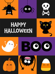 Happy Halloween greeting card. Bat, spider, candy corn, ghost spirit, monster, pumpkin, cat icon set. Skull bone boo text. Cute cartoon funny character. Flat design. Violet orange background. Vector