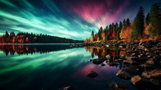 AI generated illustration of mountains reflecting on a lake at Northern lights in autumn