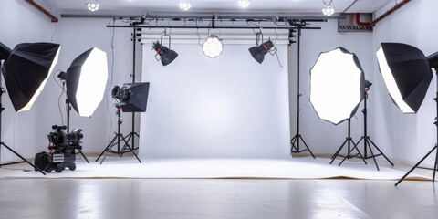  photo studio with lighting and chair, Interior of modern photo studi,   photography studio with white walls, cameras and lighting equipment set up in the background. - obrazy, fototapety, plakaty