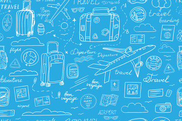 Cute seamless travel pattern in doodle style. Suitcase, baggage, plane, fly, ticket, postcard, flight, boarding pass, clouds, view from the window, postage stamp, passport stamp, passport, route