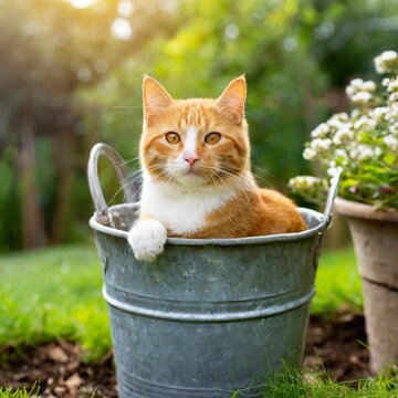 AI generated illustration of a ginger cat sitting in a metallic bucket in the summer garden