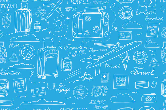 Cute seamless travel pattern in doodle style. Suitcase, baggage, plane, fly, ticket, postcard, flight, boarding pass, clouds, view from the window, postage stamp, passport stamp, passport, route