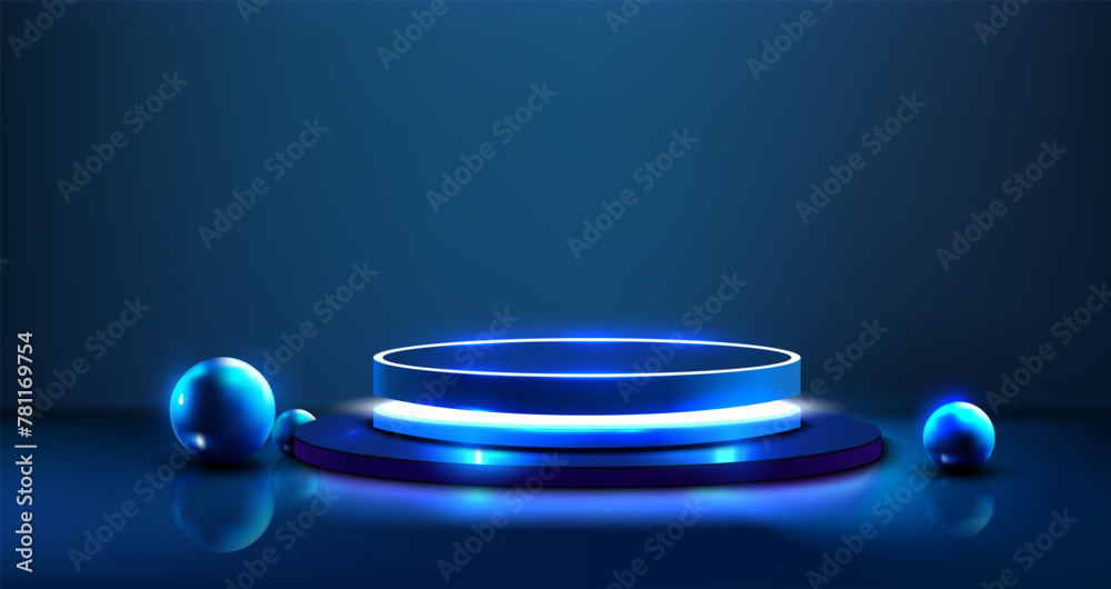 Leinwandbilder gleaming circular display and orbs against a navy backdrop; ideal for showcasing products on a refle