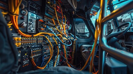 A main wiring harness installed in a heavy-duty truck, designed to withstand the rigors of long-haul transportation and adverse weather conditions. - obrazy, fototapety, plakaty