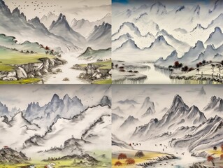 AI generated illustration of a collage of a Chinese painting of mountains