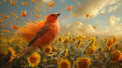 the bird is sitting among many beautiful sunflowers and butterflies