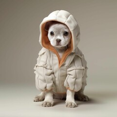 AI generated illustration of a puppy wearing a hooded coat